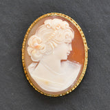 9ct yellow gold oval cameo brooch with a rope edge. Hallmarked and dated Birmingham UK 1967.