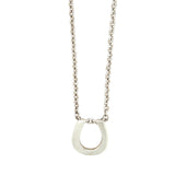 Silver horse shoe necklace with a trace link chain and a T-Bar clasp.
