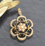 15ct Yellow gold pearl set circular brooch/pendant with a detachable loop. Circa 1890. In old original box. This is a fabulous piece of versatile jewellery.