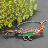 Enamel and marcasite pheasant brooch, with safety roller catch. 
