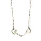 Silver horse bit pendant on a chain necklace.