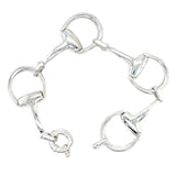 Silver horse bit link bracelet with multiple links and a double chain structure.