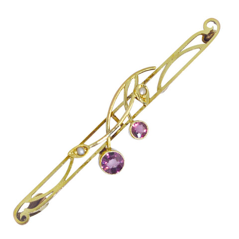 Almandine Garnet & Pearl Bar Brooch