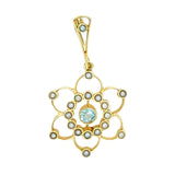 Edwardian 15ct yellow gold pearl and aquamarine set 'flower' Pendant. 