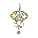 Edwardian 15ct yellow gold pearl and aquamarine pendant. 