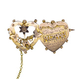Victorian 9ct yellow and rose gold fancy 'MIZPAH' double heart brooch.