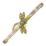 9ct Yellow gold bar with a pearl and peridot dragonfly set to the centre. Circa 1920's.