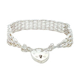 A silver gate link bracelet with a padlock clasp and safety chain.