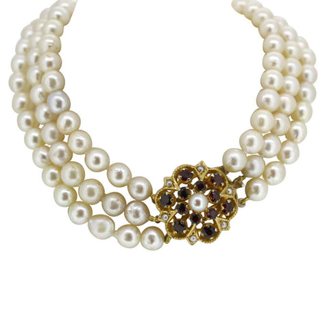 Pearl Necklace with Garnet & Pearl Clasp